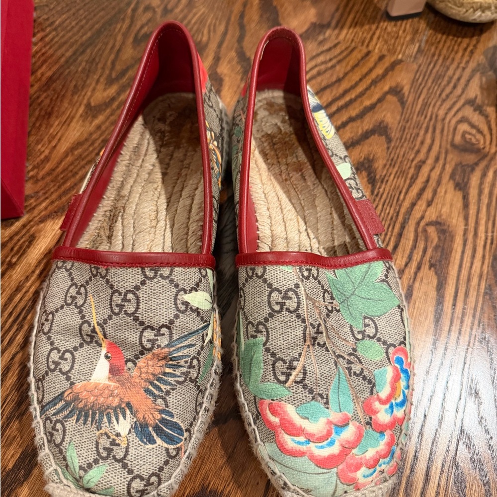 Gucci Red Trim GG Canvas Floral & Bird Espadrilles